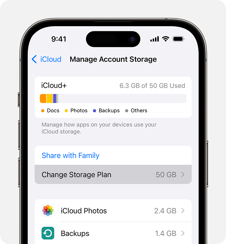 Change Storage Plan is below the Share With Family button.
