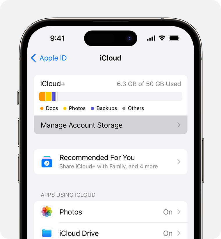 Manage Account Storage is towards the top of iCloud settings.