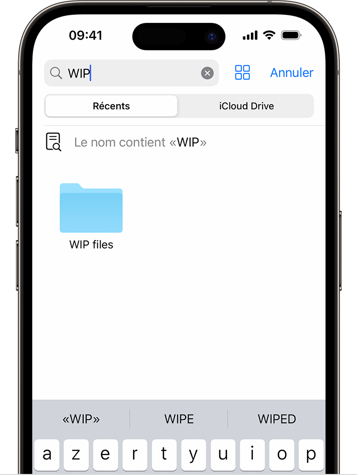 Image de l’app Fichiers sur un iPhone montrant une recherche effectuée sur « WIP » et affichage de l’icône du dossier « Fichiers WIP » en dessous. 