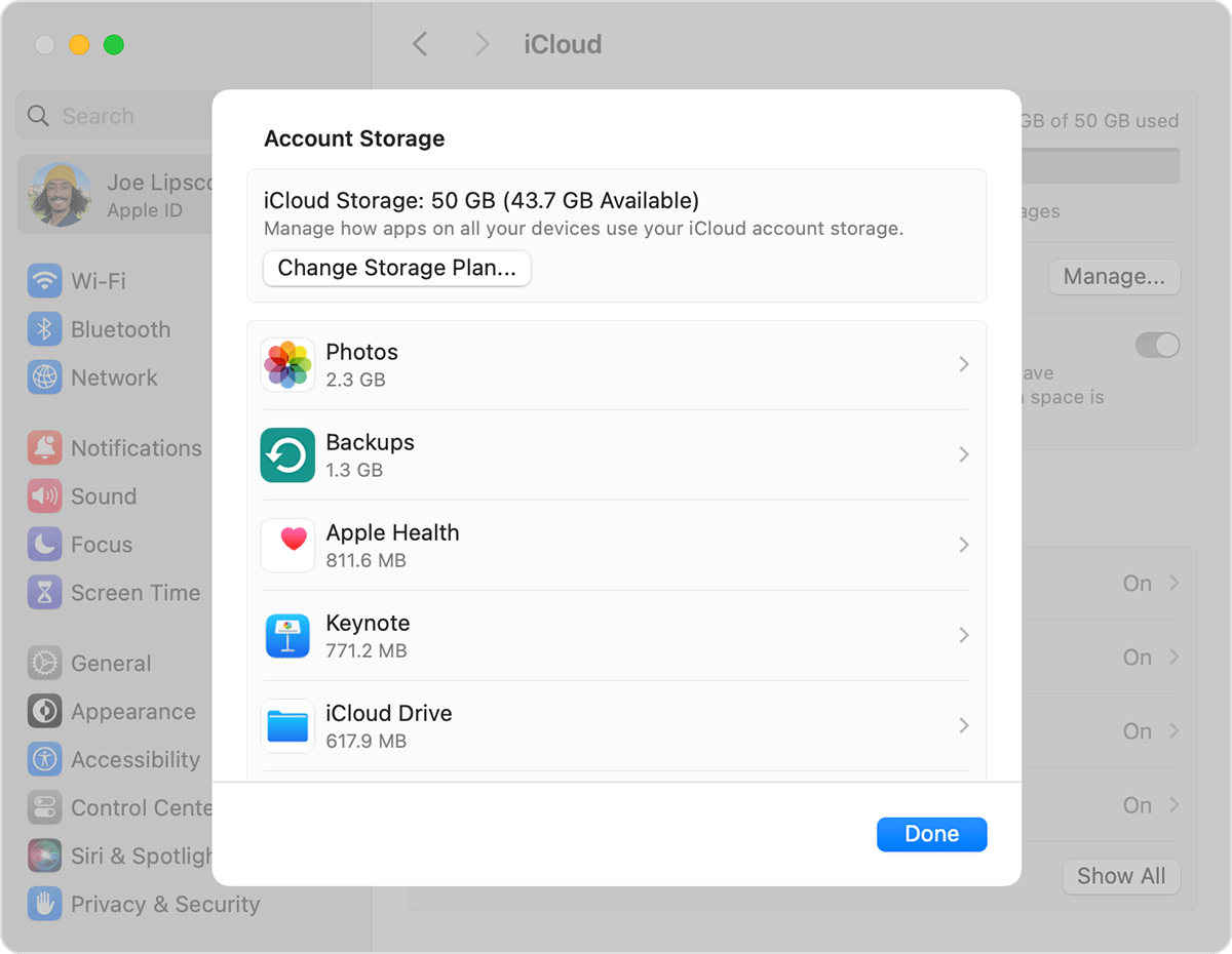 The Change Storage Plan button is below the iCloud Storage plan and available storage.