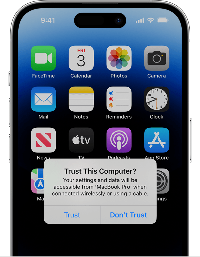 ההתראה 'לתת אמון במחשב זה' מופיעה במסך הבית של ה-iPhone.