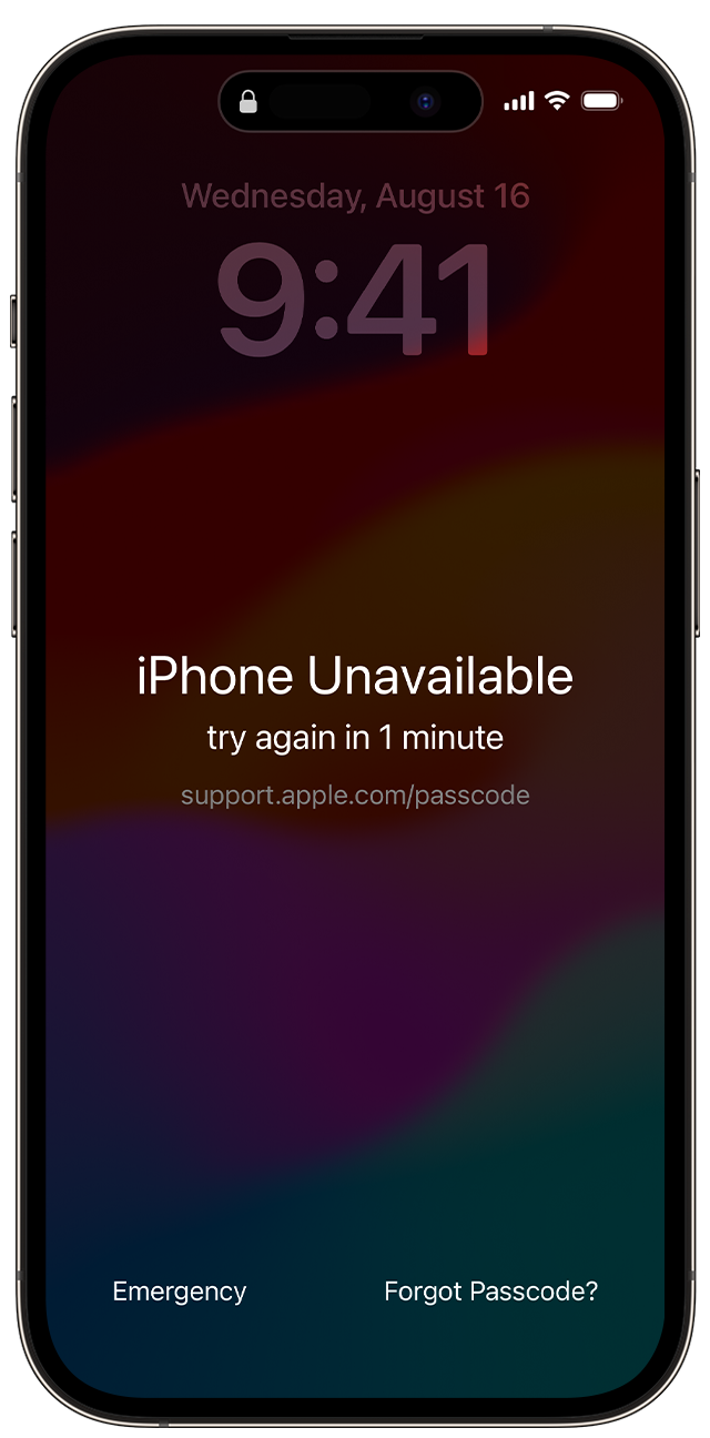 Pärast vale pääsukoodi sisestamist kuvatakse iPhone’i ekraanil teade „iPhone Unavailable“ (iPhone pole saadaval).