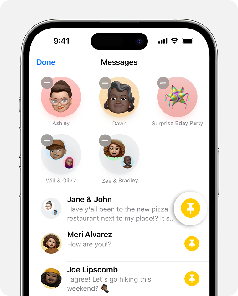 In Messages, use the pin icon to choose which conversations to keep at the top of your conversations page.