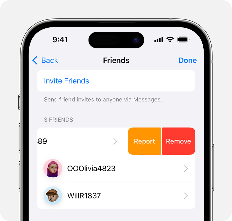 Configuración de Amigos de Game Center en un iPhone. Eliminar a un amigo deslizando el dedo hacia la izquierda para ver las opciones para reportar y eliminar.