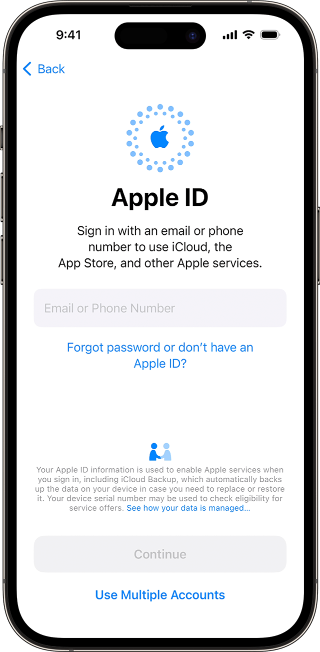 Izmantojiet e-pasta adresi vai tālruņa numuru, lai pierakstītos ar Apple ID, iestatot iPhone ierīci operētājsistēmā iOS 17.