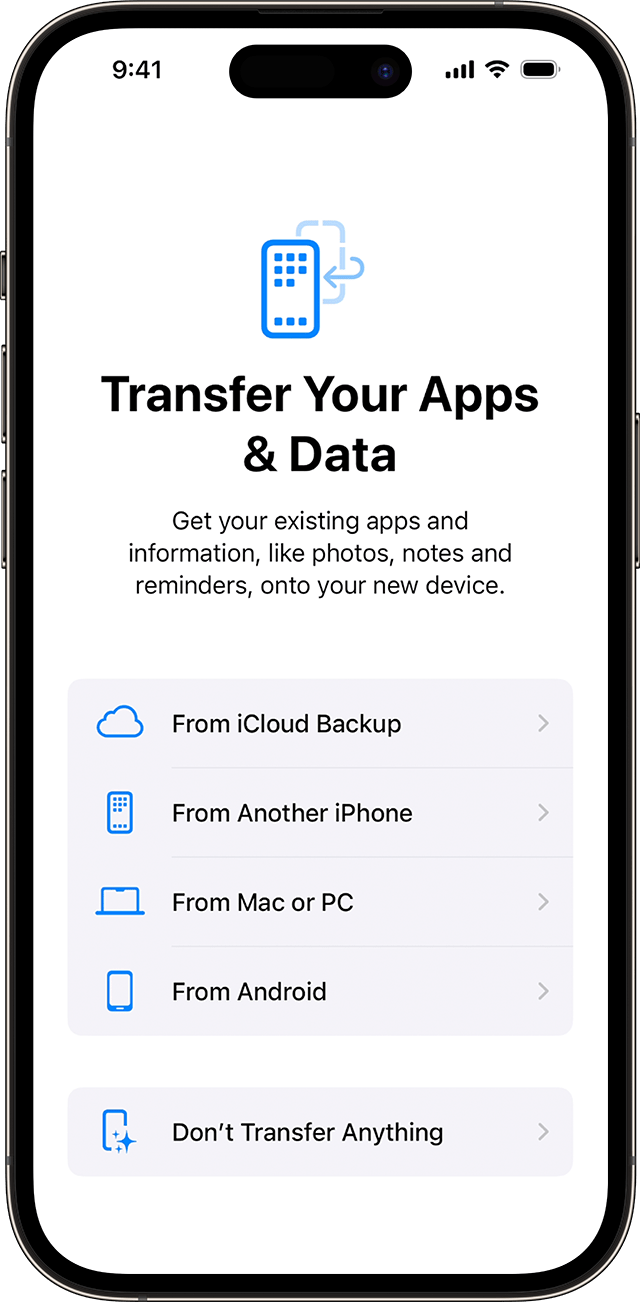 Ekrāna Transfer Your Apps & Data (Lietotņu un datu pārsūtīšana) iespējas, iestatot iPhone ierīci operētājsistēmā iOS 17