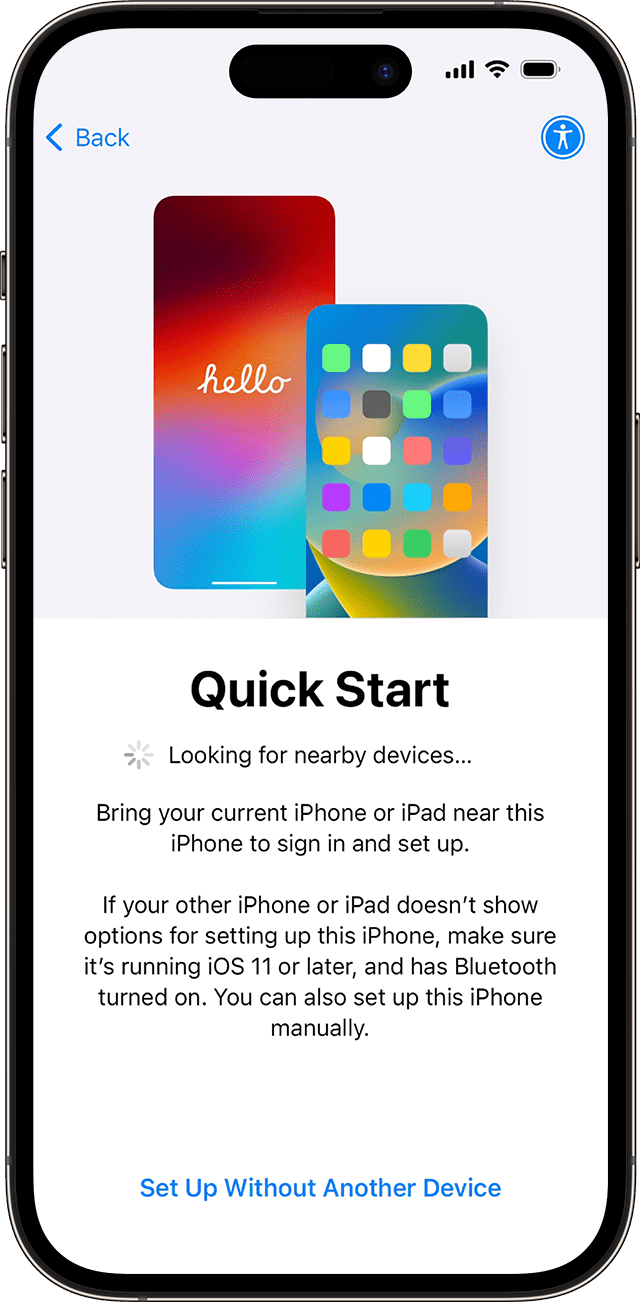 Operētājsistēmā iOS 17 varat iestatīt jauno iPhone ierīci, izmantojot citu ierīci ar funkcijas Quick Start (Ātrā sākšana) starpniecību.