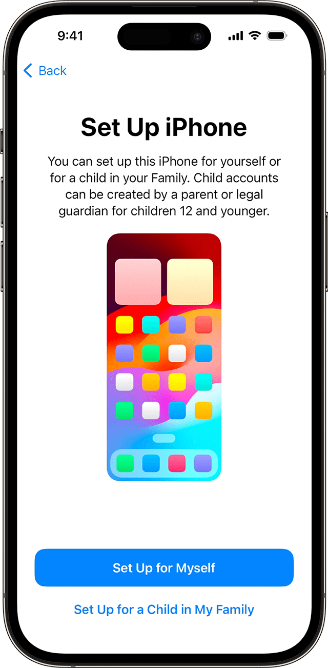 During the iPhone setup process on iOS 17, you can choose whether the new phone is for you or for a child in your family.