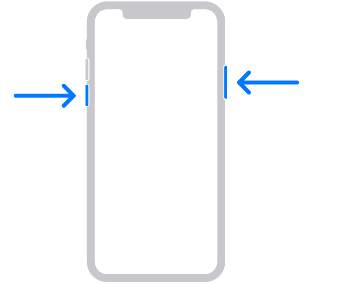 O botão lateral e o botão Diminuir volume num iPhone