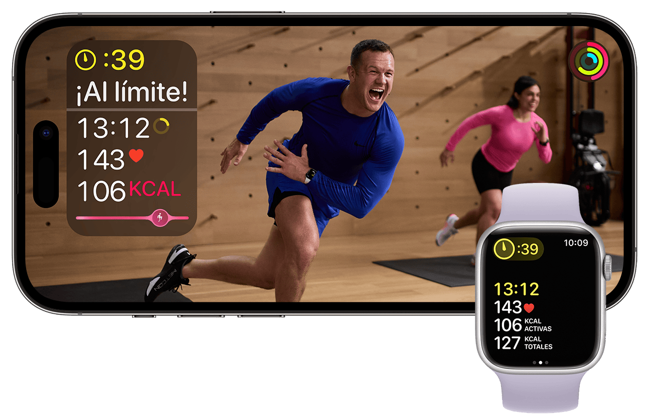 Un iPhone en el que se reproduce un entrenamiento HIIT de Apple Fitness+. En un Apple Watch, se muestran las mismas métricas de entrenamiento.