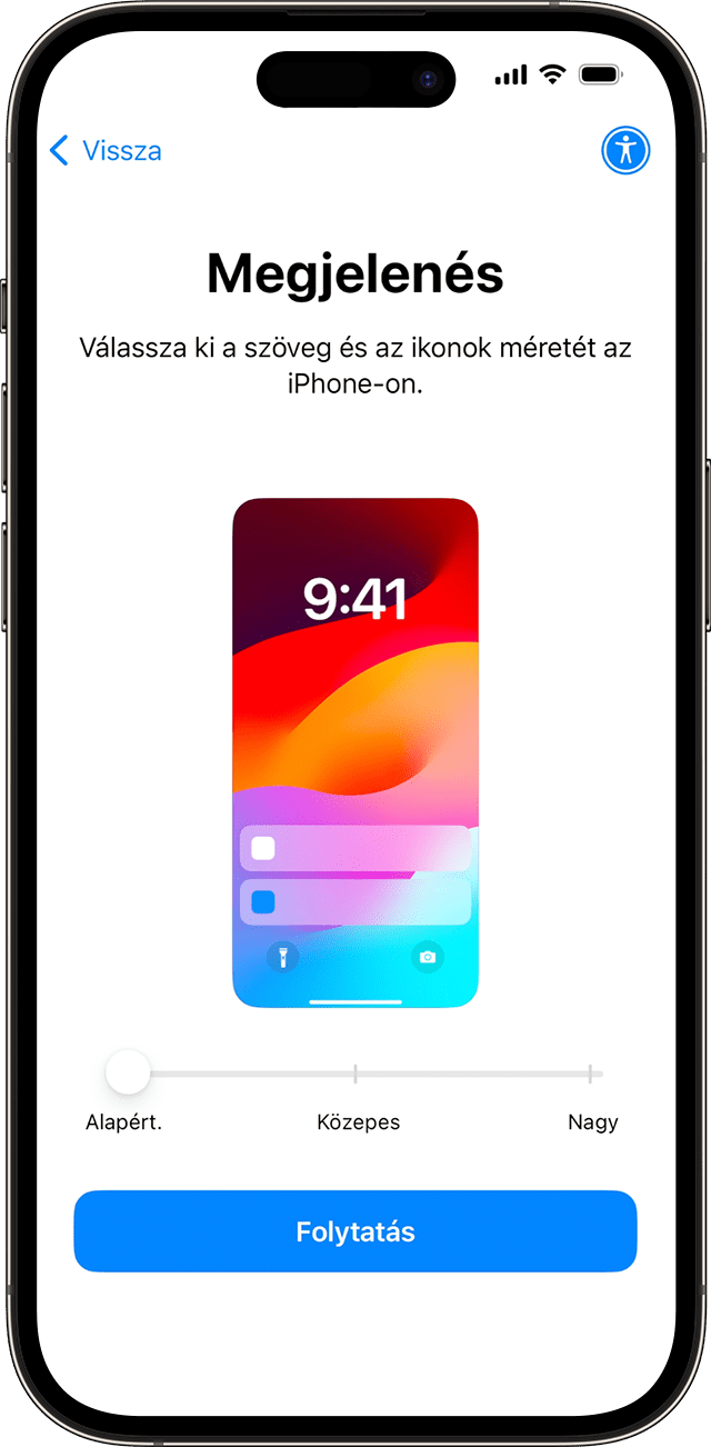 Az iPhone és az iOS 17 esetében a beállítási folyamat során az egyes ikonok kiválasztásával megadhatja a kívánt szöveg- és alkalmazásméretet.