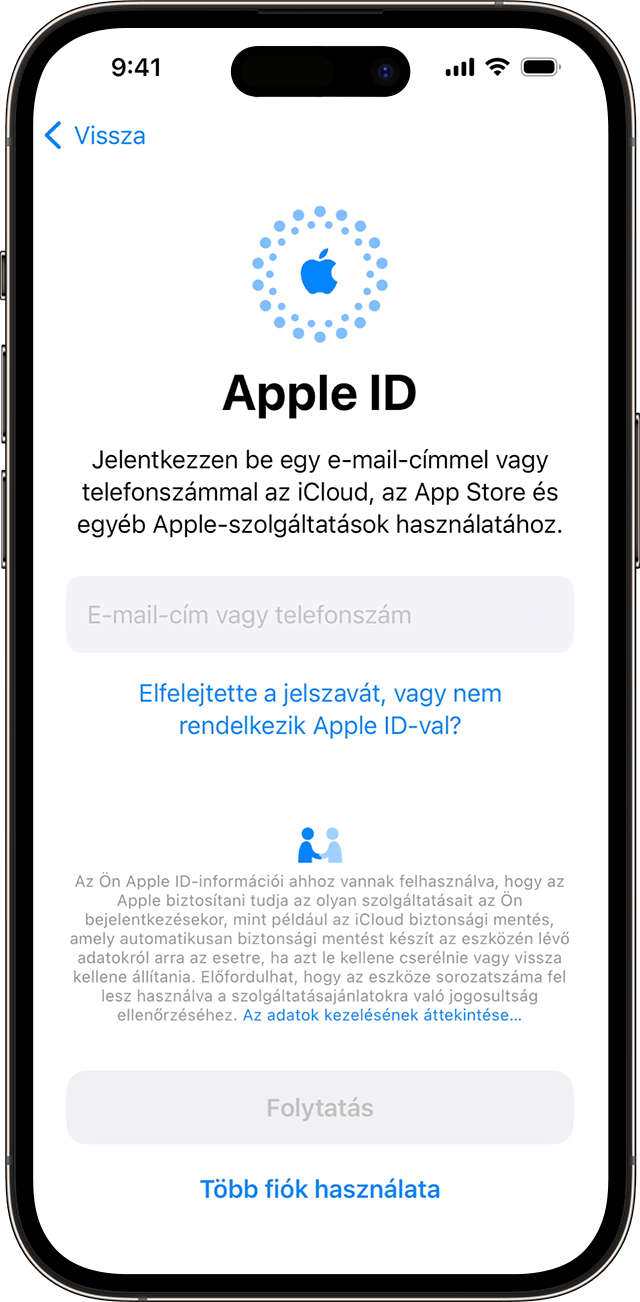 E-mail-címe vagy telefonszáma segítségével bejelentkezhet az Apple ID azonosítójába az iPhone beállítása során az iOS 17 rendszerben.