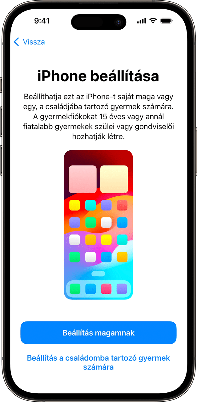Az iOS 17 rendszerben az iPhone beállítása során kiválaszthatja, hogy az új telefont Ön vagy egy gyermek fogja használni.