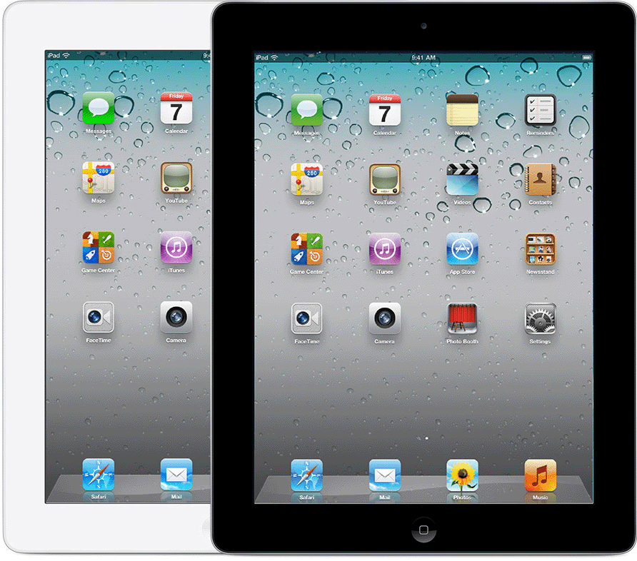 iPad 2 has a Home button and a small, circular front camera cutout