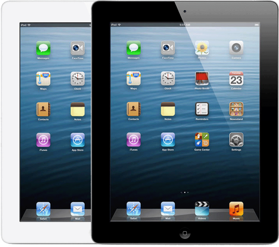 iPad (4. Generation) hat eine Home-Taste und eine kleine, runde Aussparung für die Frontkamera