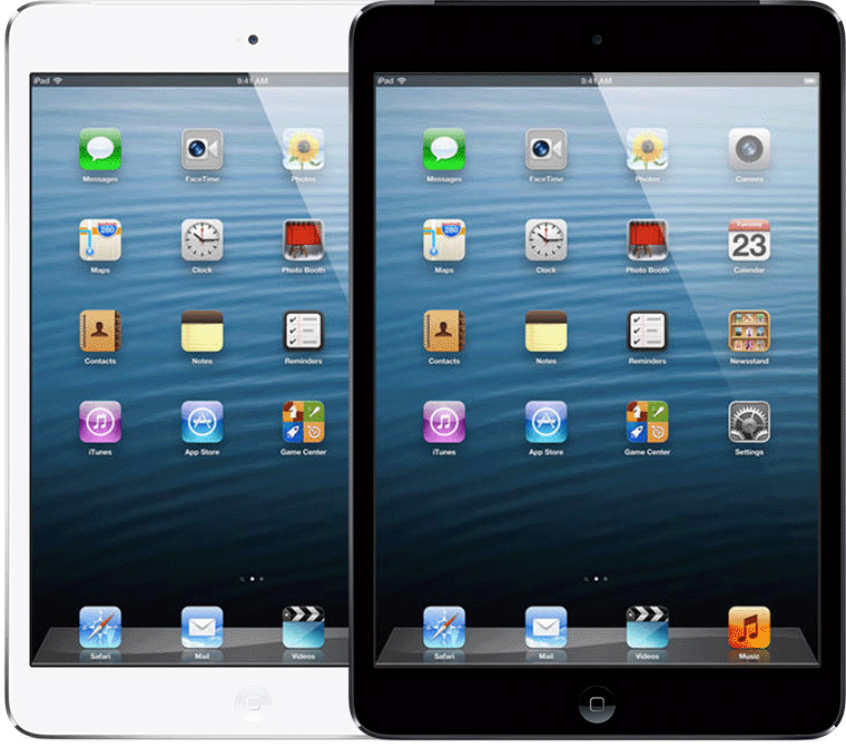 iPad mini has a Home button below the display and a small, circular front camera cutout above the display