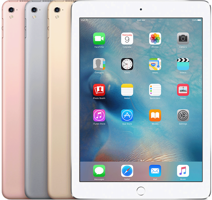 iPad Pro (9.7-inch) has a circular Home button below the display and a circular rear camera cutout