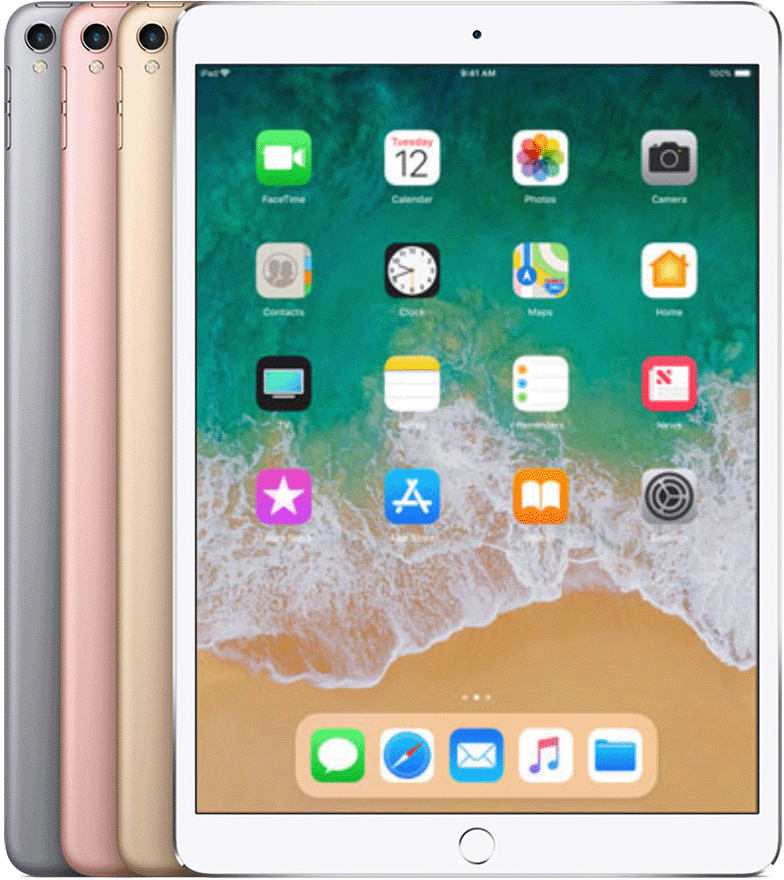 El iPad Pro (10,5 pulgadas) tiene un botón de inicio circular debajo de la pantalla y un recorte circular de la cámara trasera