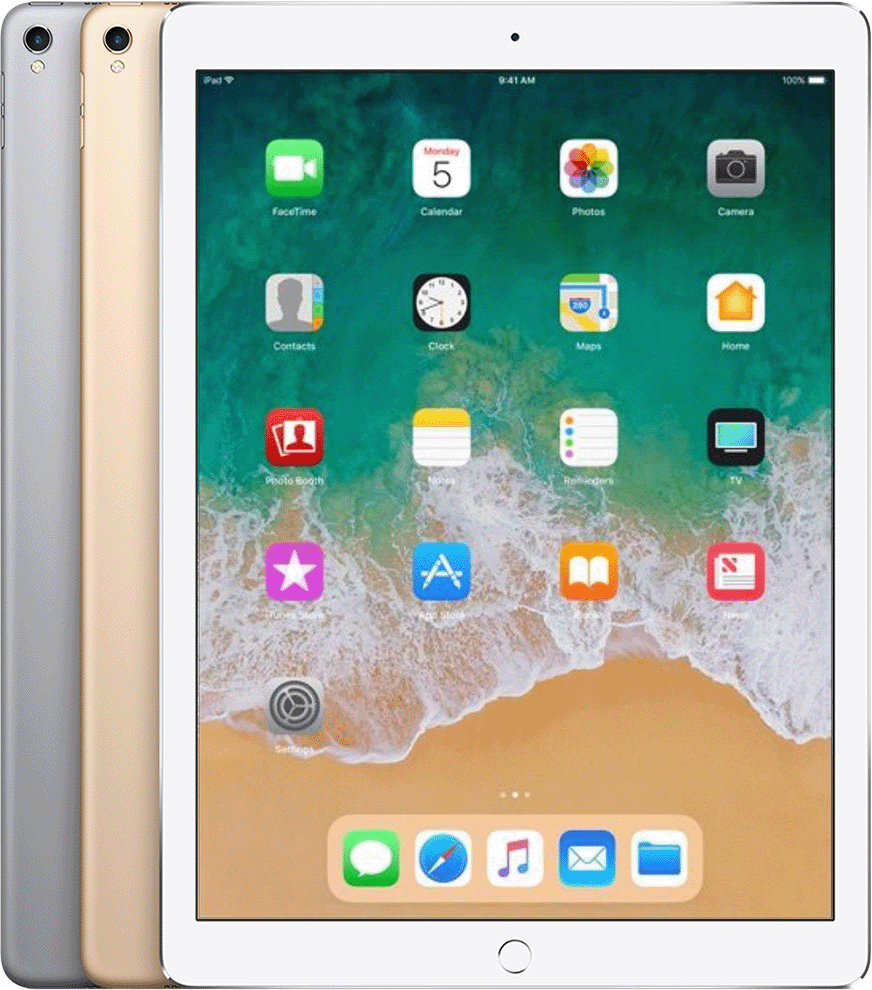 iPad Pro (12,9", 2. Generation) hat eine runde Home-Taste unter dem Display und eine runde Aussparung für die Rückkamera