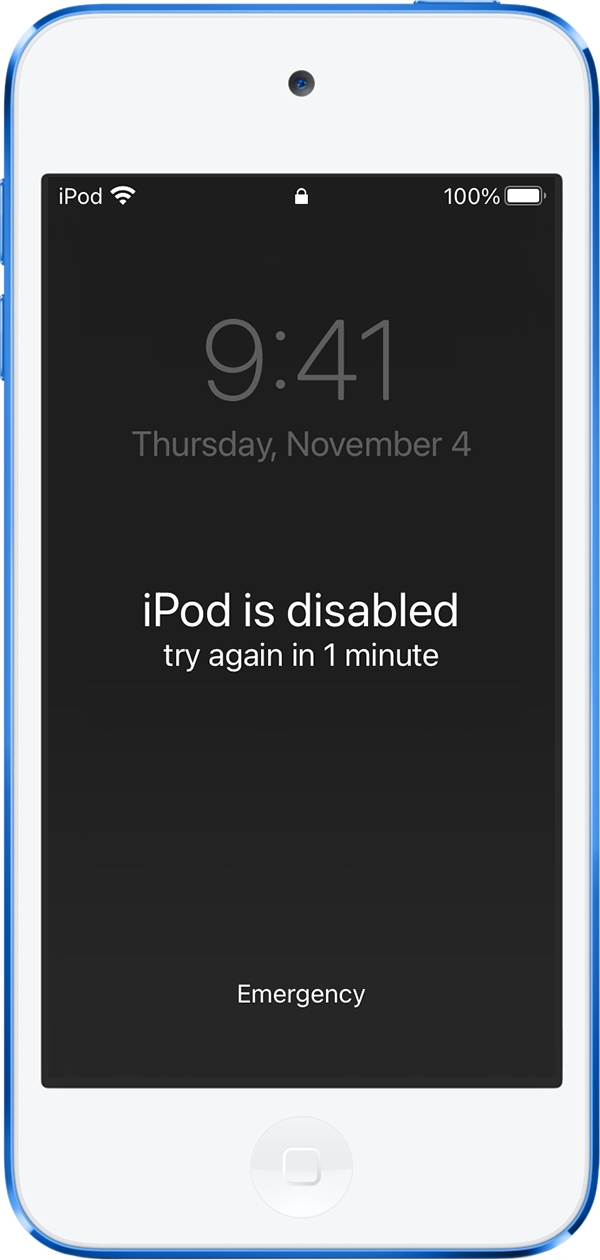 iPod touch に「iPod は使用できません」メッセージが表示されているところ