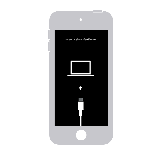 iPod touch にリカバリモードの画面が表示されているところ