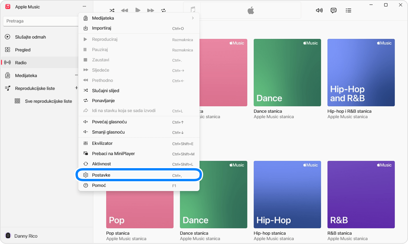 Aplikacija Apple Music za Windows s prikazom Postavki na izborniku koji se pojavljuje kada kliknete na radnje bočne trake.