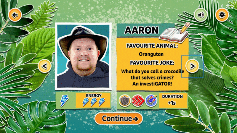 A character selection screen for the "One Zoo Three: Rainforest Run" game where users can choose one of the presenters to play as