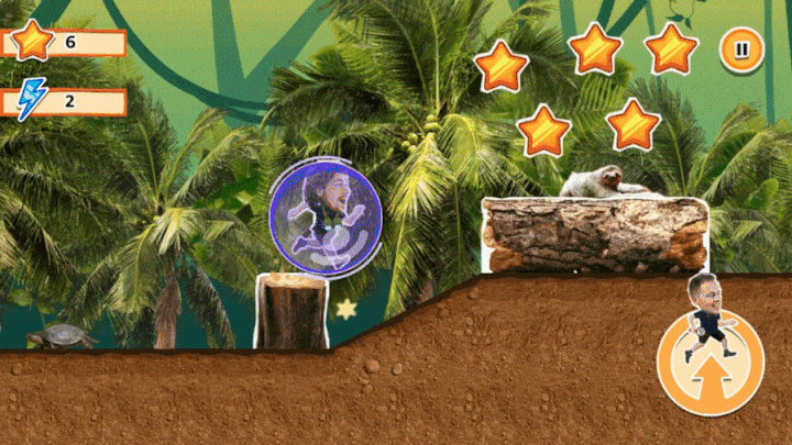 Gameplay of the game "One Zoo Three: Rainforest Run" where a character is running through the rainforest jumping, collecting stars and dodging animals