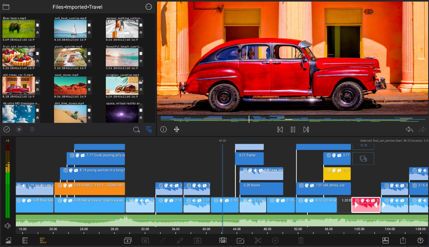 A screenshot of the LumaFusion app running on ChromeOS, with thumbnails of video clips in the top left of the screen, a vintage red car in the top right, and the editing timeline on the bottom.