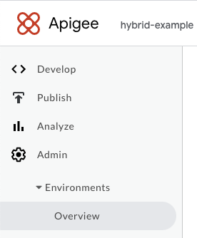 관리, 환경, 개요를 펼친 Apigee Hybrid UI 메뉴