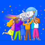 ClickUp represented by a space-faring unicorn, being triumphantly lifted by a crowd celebrating the unique ways that ClickUp improves their productivity.