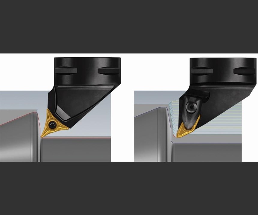 Two types of CoroTurn Prime inserts are offered. Type A (left) is designed for light machining, while Type B is designed for rough machining. Both inserts are suitable for turning in all directions.