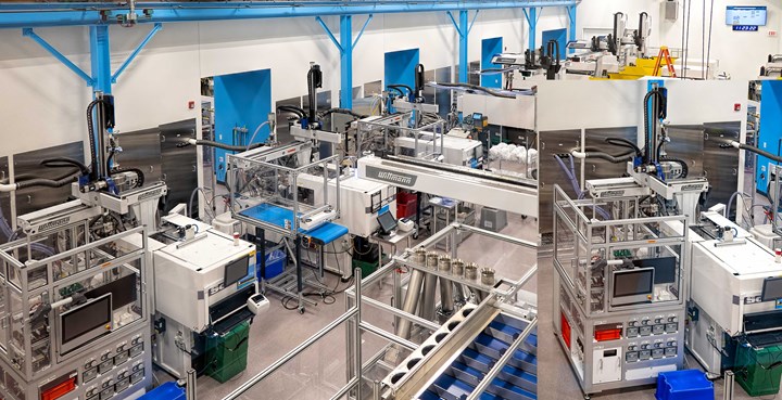 For an open, uncluttered layout of the plant’s clean room, utilities like water and power, as well as materials, are plumbed inside the walls to stainless-steel access plates at each injection machine (inset).