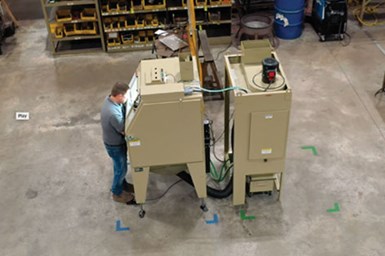 A photo of an operator using one of Clemco's Pulsar Plus blast cabinets