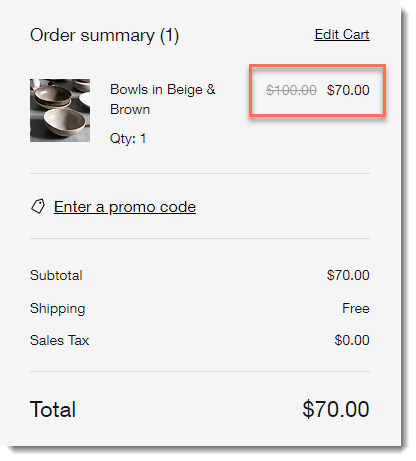 Screenshot of the summary section of the Checkout Page with the automatic discount outlined