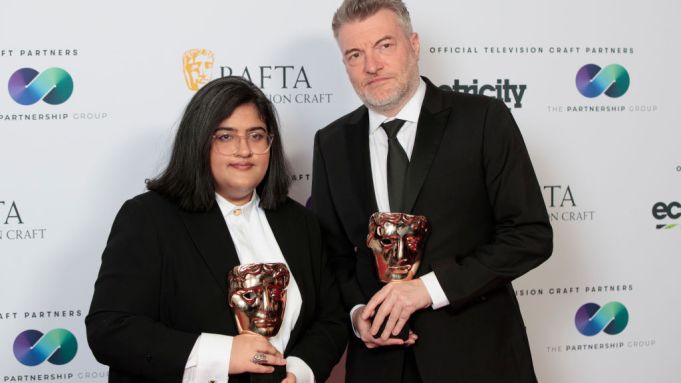 Bisha K Ali and Charlie Brooker with the Writer: Drama Award for 'Demon 79 (Black Mirror)