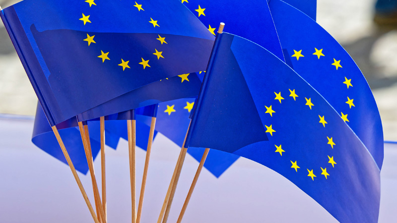 EU-Flaggen aus Papier bei einer Wahlveranstaltung
