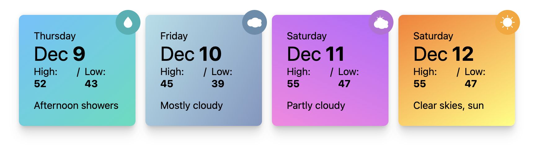 Demo screenshot for style container queries weather cards