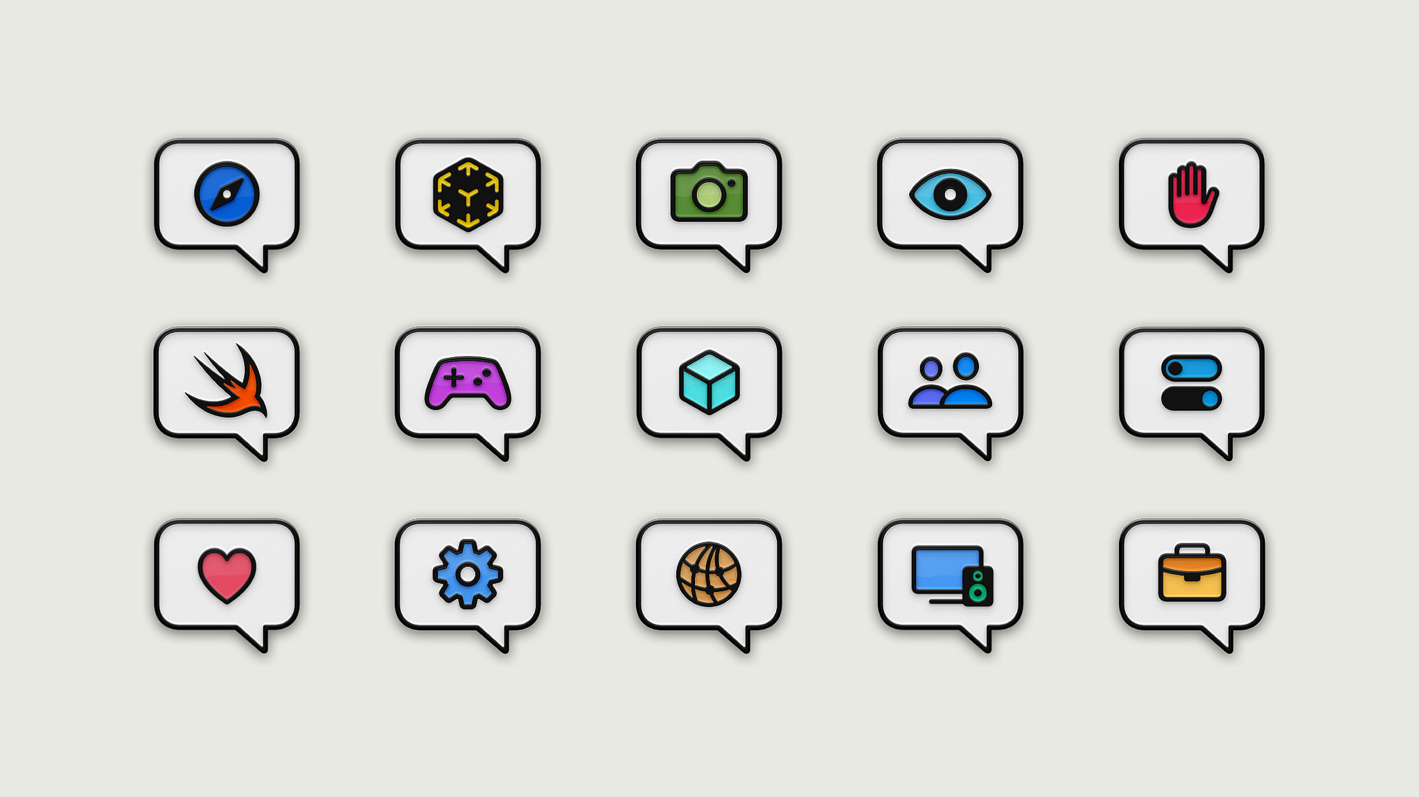 Three rows of colorful icons representing technology topics placed in speech bubbles