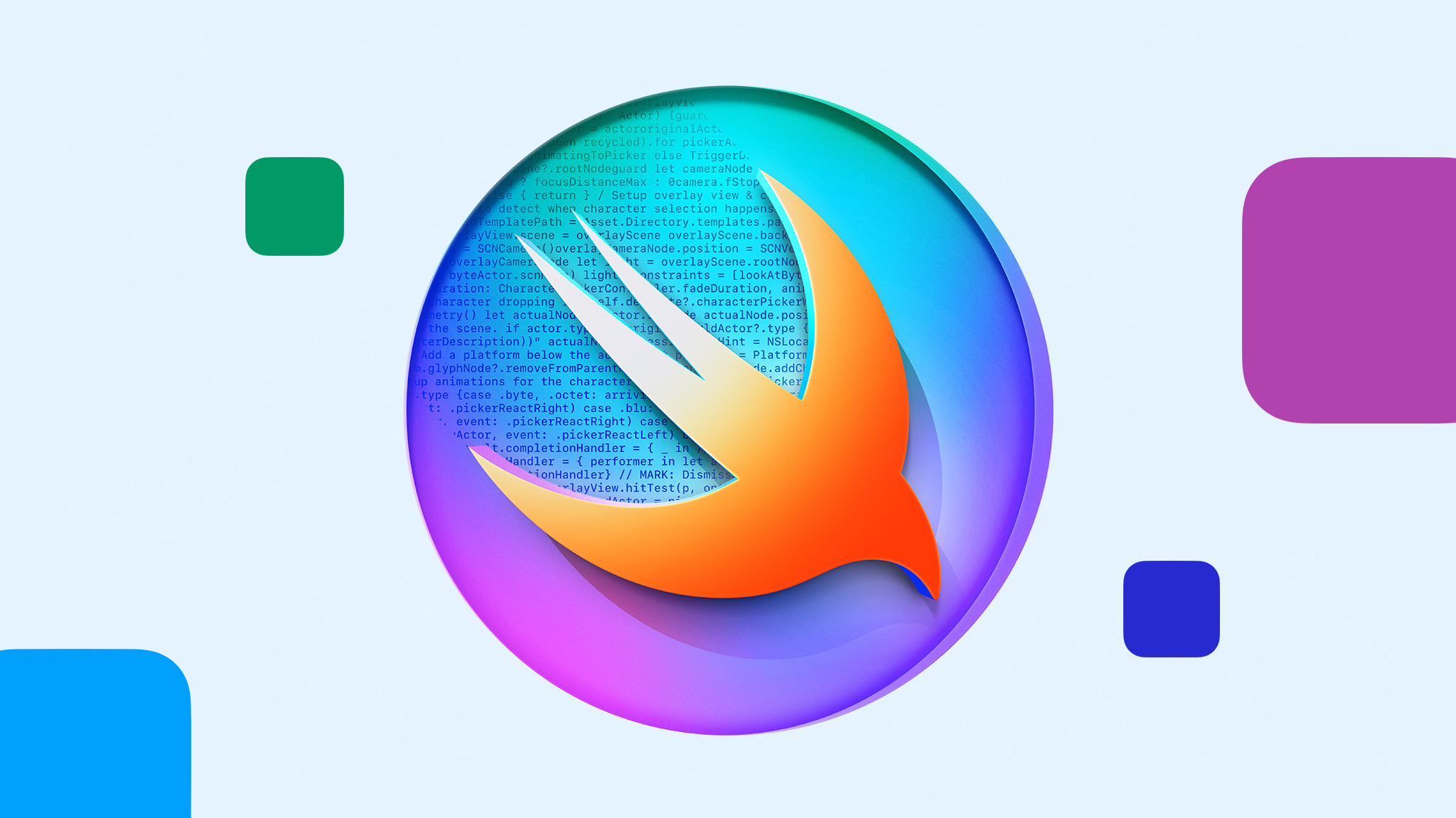 코드로 장식된 다채로운 배경의 Swift 새 로고.