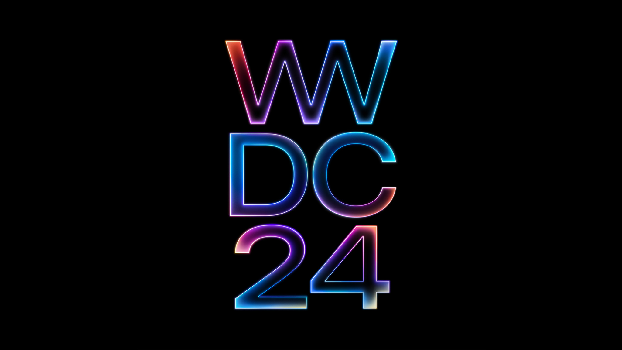 검은색 배경에 빨간색, 보라색, 파란색의 빛나는 그라디언트 효과가 적용된 ‘WWDC24’가 표시되어 있습니다.