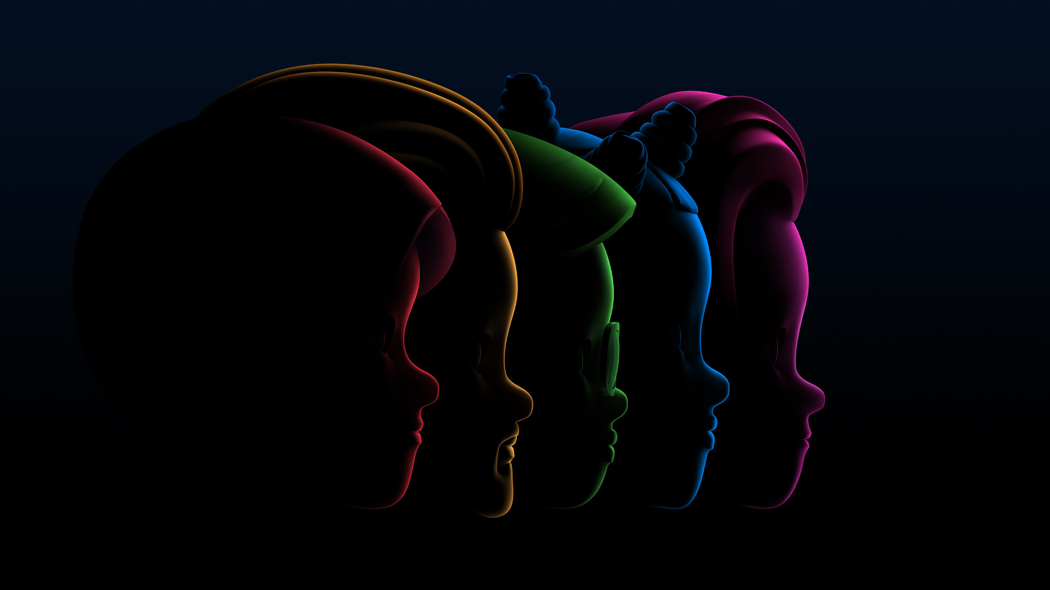 An image revealing the silhouettes of five faces in a row, each in a different color: red, yellow, green, blue, and purple.
