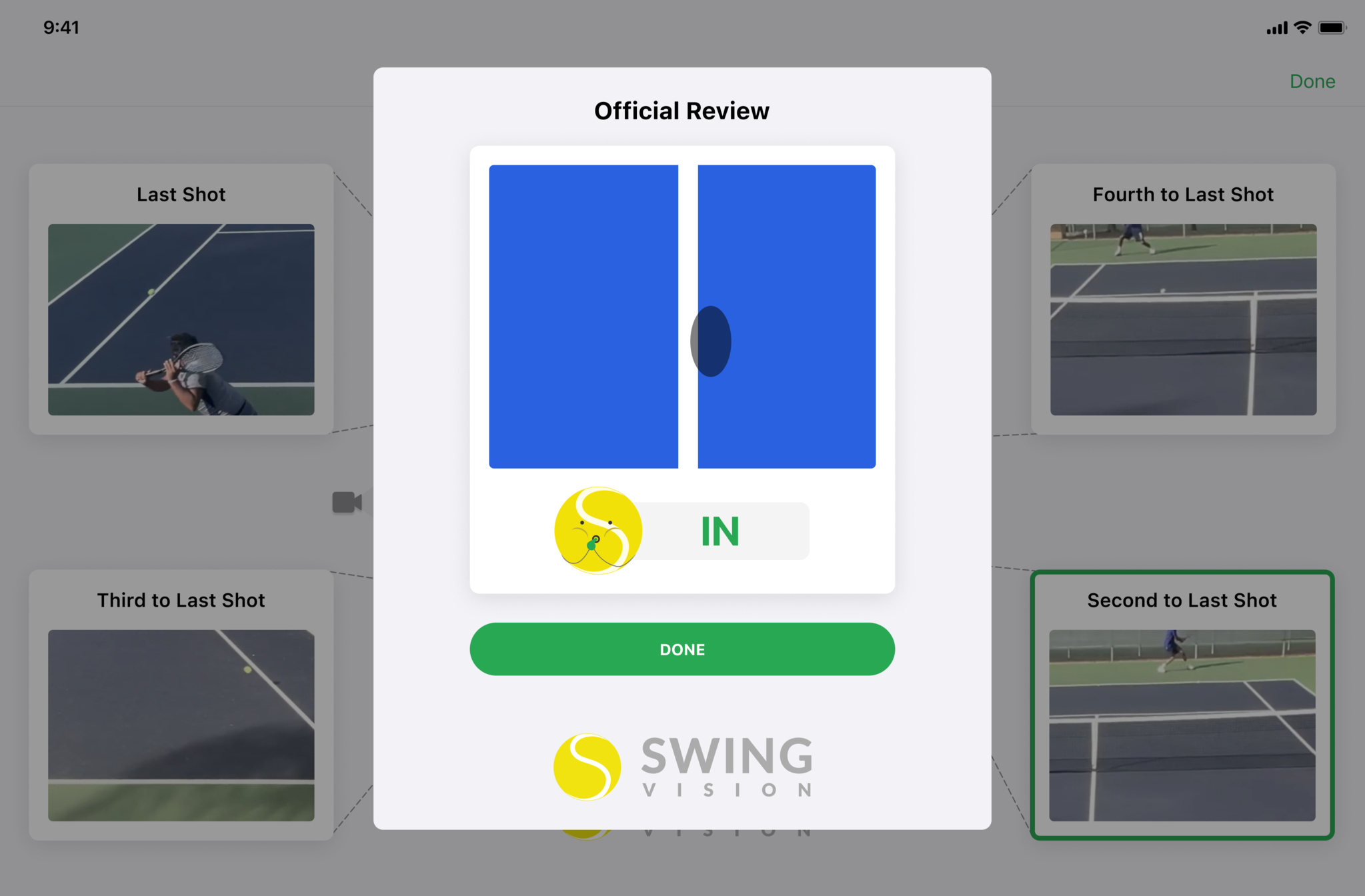 A SwingVision screenshot showing a graphic that illustrates a ball has landed ‘in.’