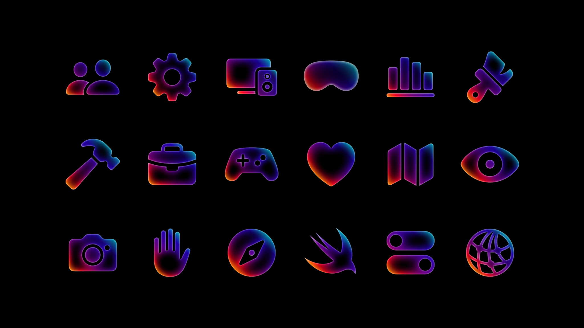 Rainbow colored icons representing development topics are arranged in three rows on a black background