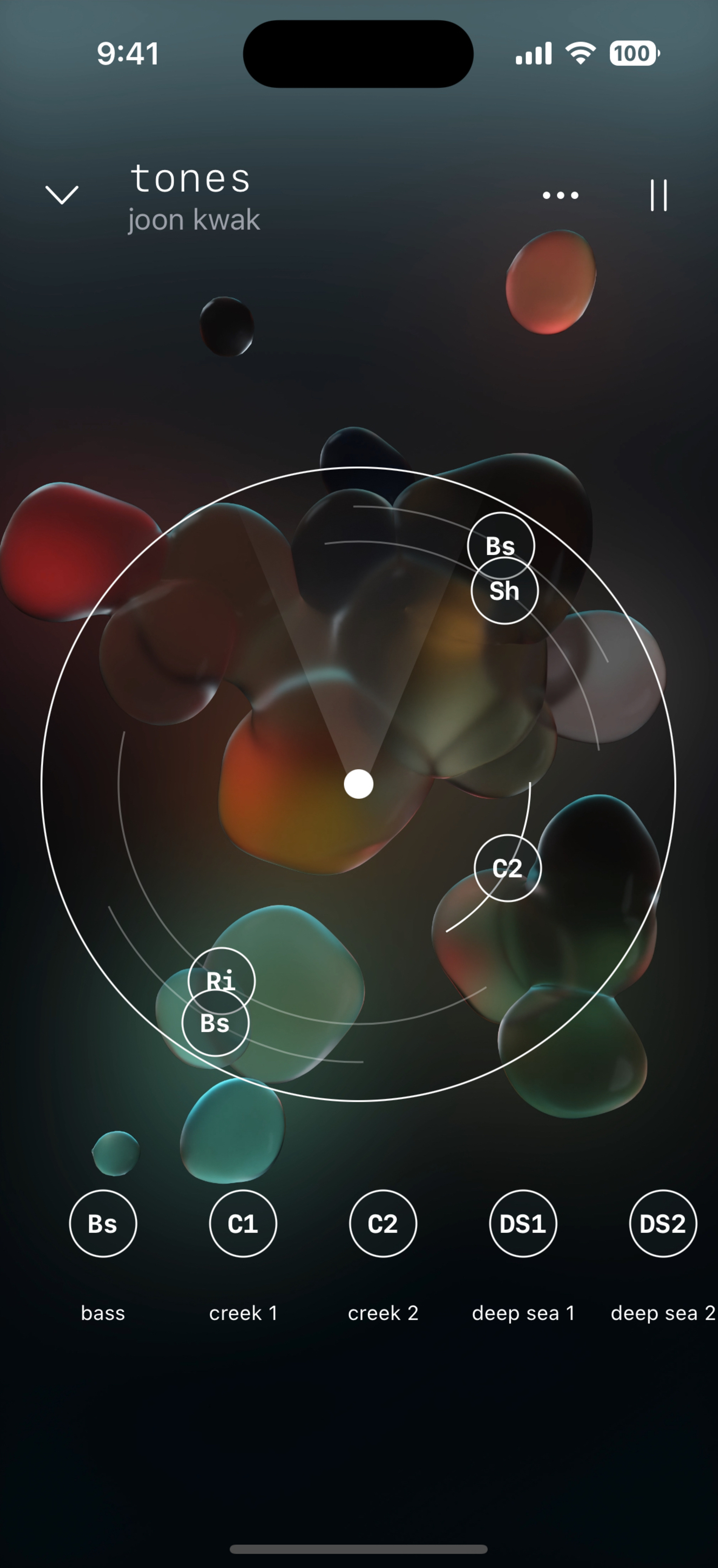 A screenshot of the app Odio, showing the circular controls that let you move individual sounds around your head in 360 degrees. 