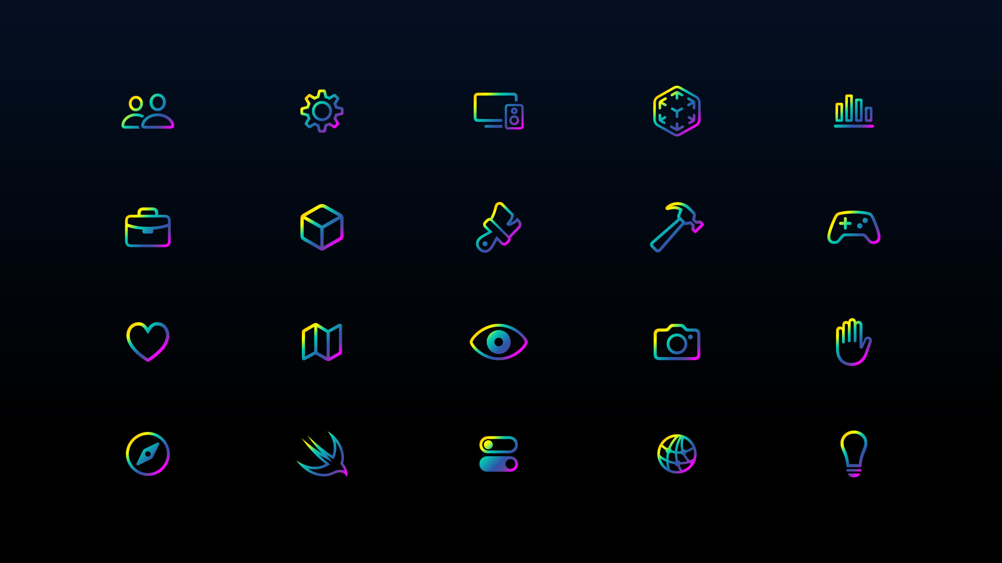 Rainbow colored icons representing development topics are arranged in four rows on a black background.