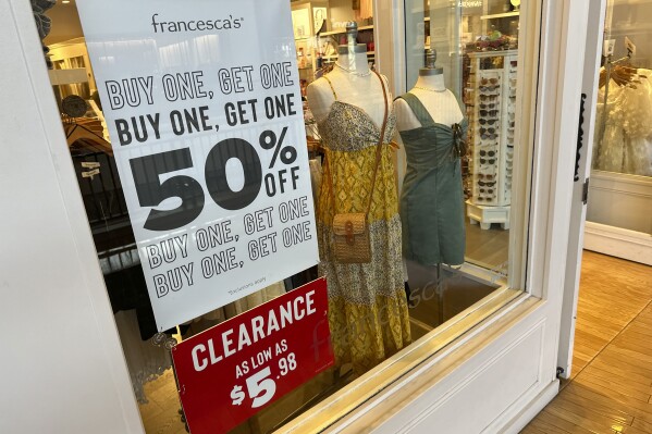 A sign trumpets discounts available in a clothing store in a mall Monday, April 29, 2024, in Lone Tree, Colo. On Wednesday, May 15, 2024, the Labor Department issues its report on inflation at the consumer level in April. (AP Photo/David Zalubowski)
