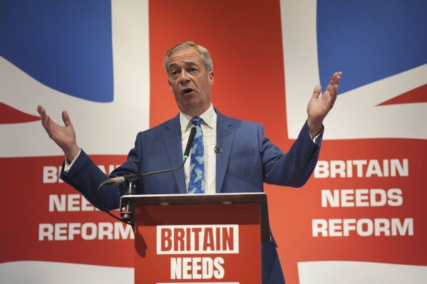 Nigel Farage speaks during a press conference to announce that he will become the new leader of Reform UK and that he will stand as the parliamentary candidate for Clacton, Essex, at The Glaziers Hall in London, Monday June 3, 2024. while on the General Election campaign trail. (Yui Mok/PA via AP)