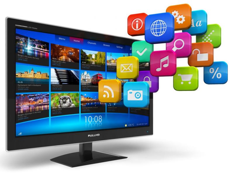     Ein Fernseher mit Symbolen von WiFi, Internet, E-Mail, Musik, Einstellungen, Informationen, Online-Shopping entstehen daraus

  