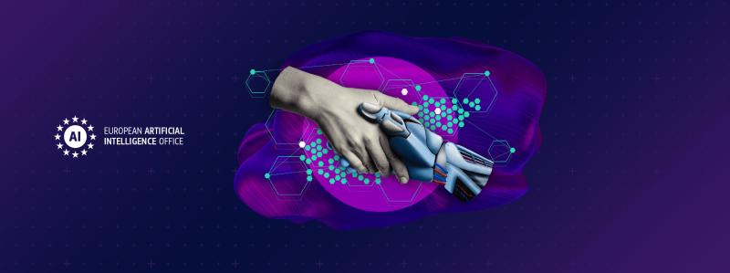     The image depicts a symbolic handshake between a human hand and a robotic hand. The background is vibrant purple with abstract digital elements, including hexagonal shapes and connecting lines. The robotic hand is detailed, showcasing mechanical components like wires and joints. On the left side of the image, there’s white text that reads “EUROPEAN ARTIFICIAL INTELLIGENCE OFFICE” encircled by stars. The overall theme seems to represent collaboration or partnership between humanity and AI
  